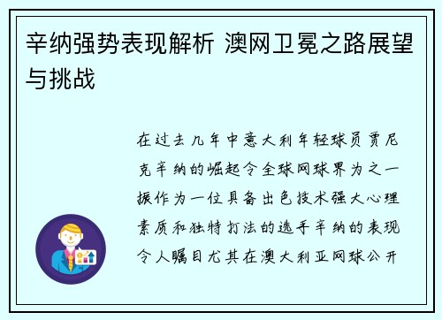 辛纳强势表现解析 澳网卫冕之路展望与挑战